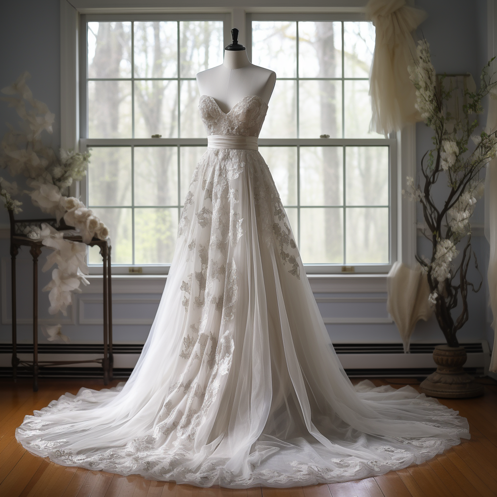An a-line, strapless wedding gown with sweetheart neckline, a lacy bodice, a lacy, tulle skirt, and a belt on the waist