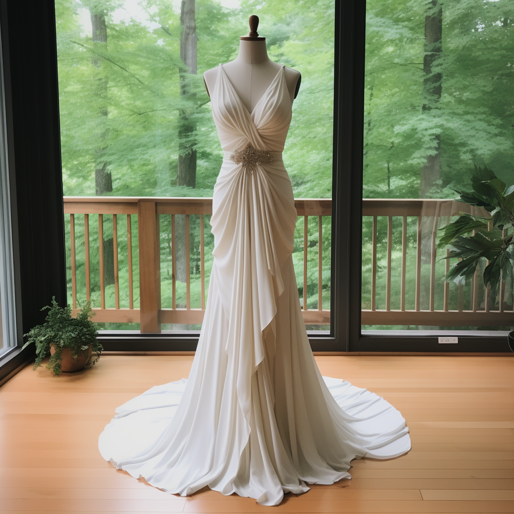 A strapless a-line wedding dress with a v-neck, a shiny belt at the waist, and a layered skirt