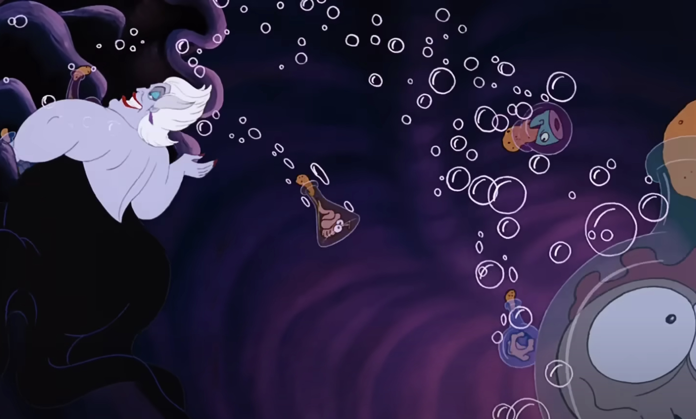 Ursula throwing glass bottles underwater forming bubbles