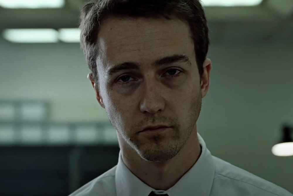 Close-up of &quot;Fight Club&quot; Narrator (Ed Norton) staring blankly