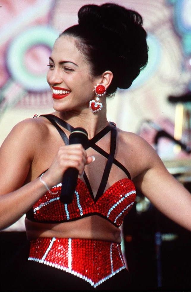 Jennifer Lopez onstage as Selena Quintanilla in the biopic