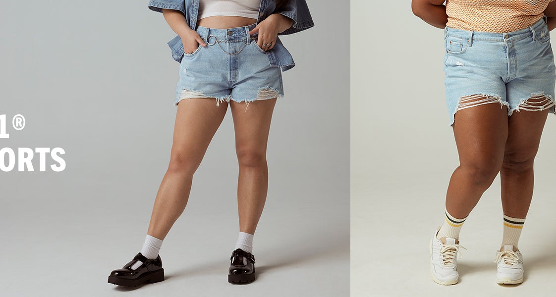 two models wearing the Levi shorts