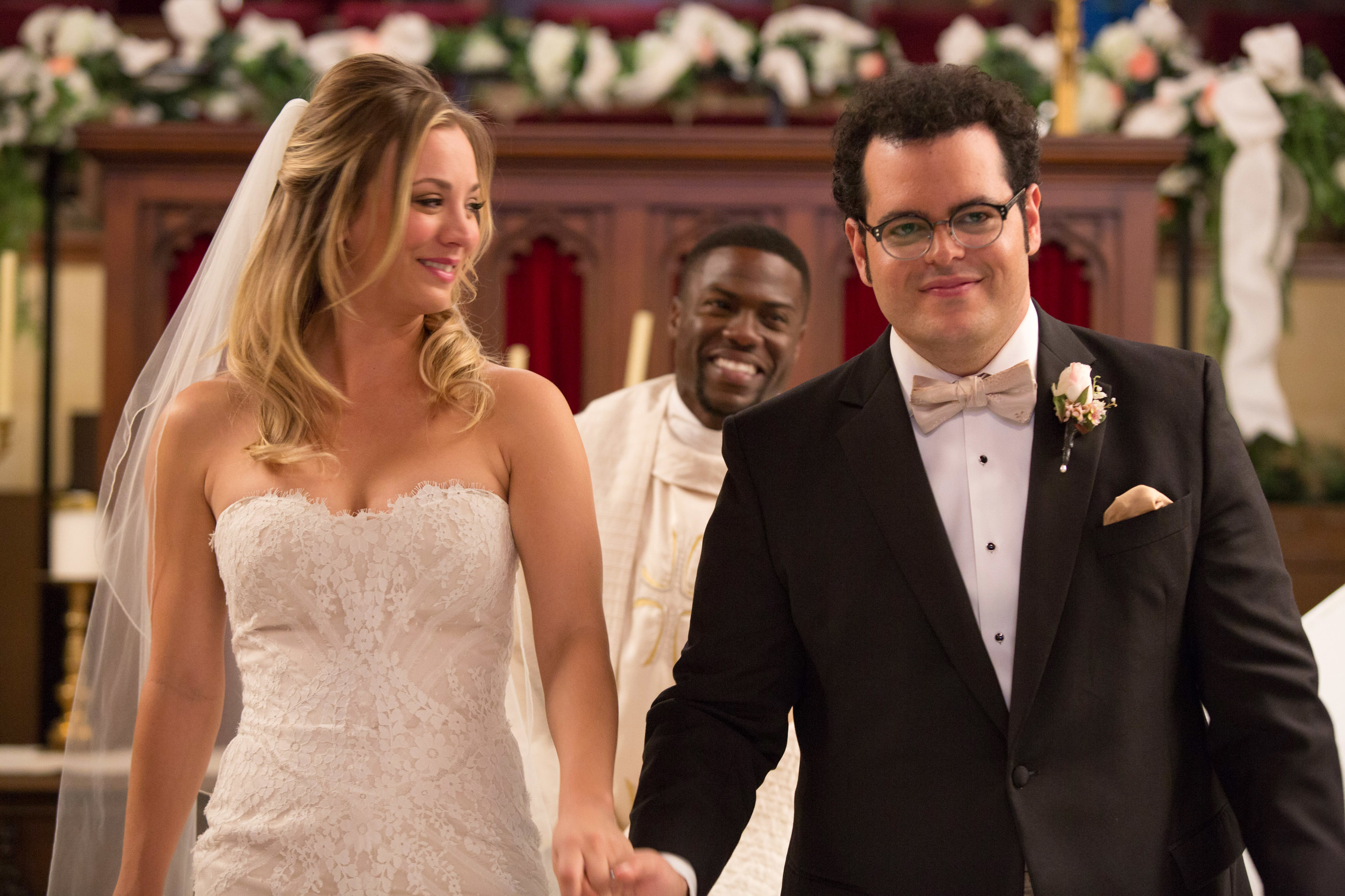 Kaley Cuoco, Kevin Hart and Josh Gad during a wedding scene in The Wedding Ringer