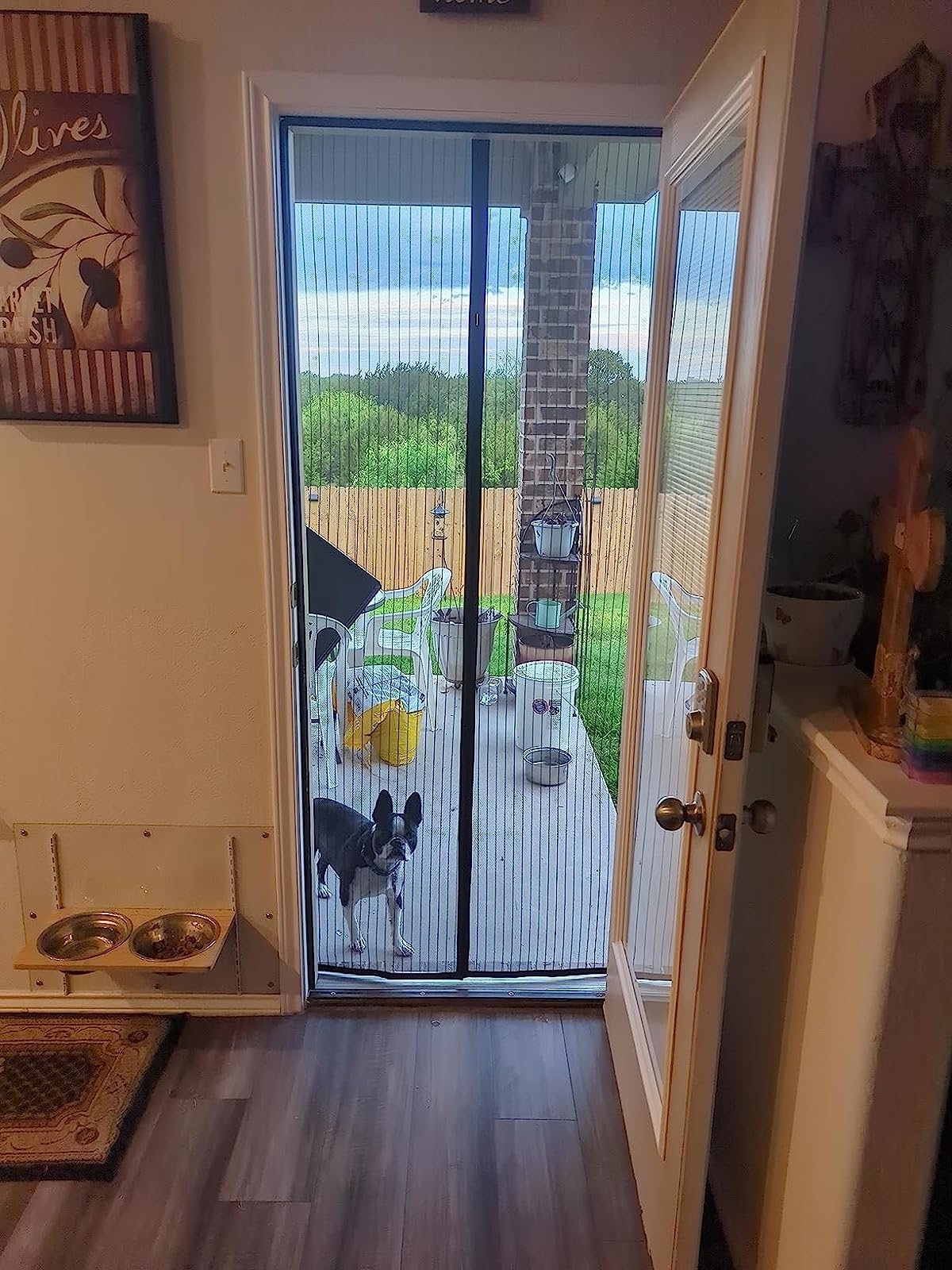 a reviewer photo of the magnetic screen door hanging in a door looking out on a decorated patio. a small dog is outside, looking in