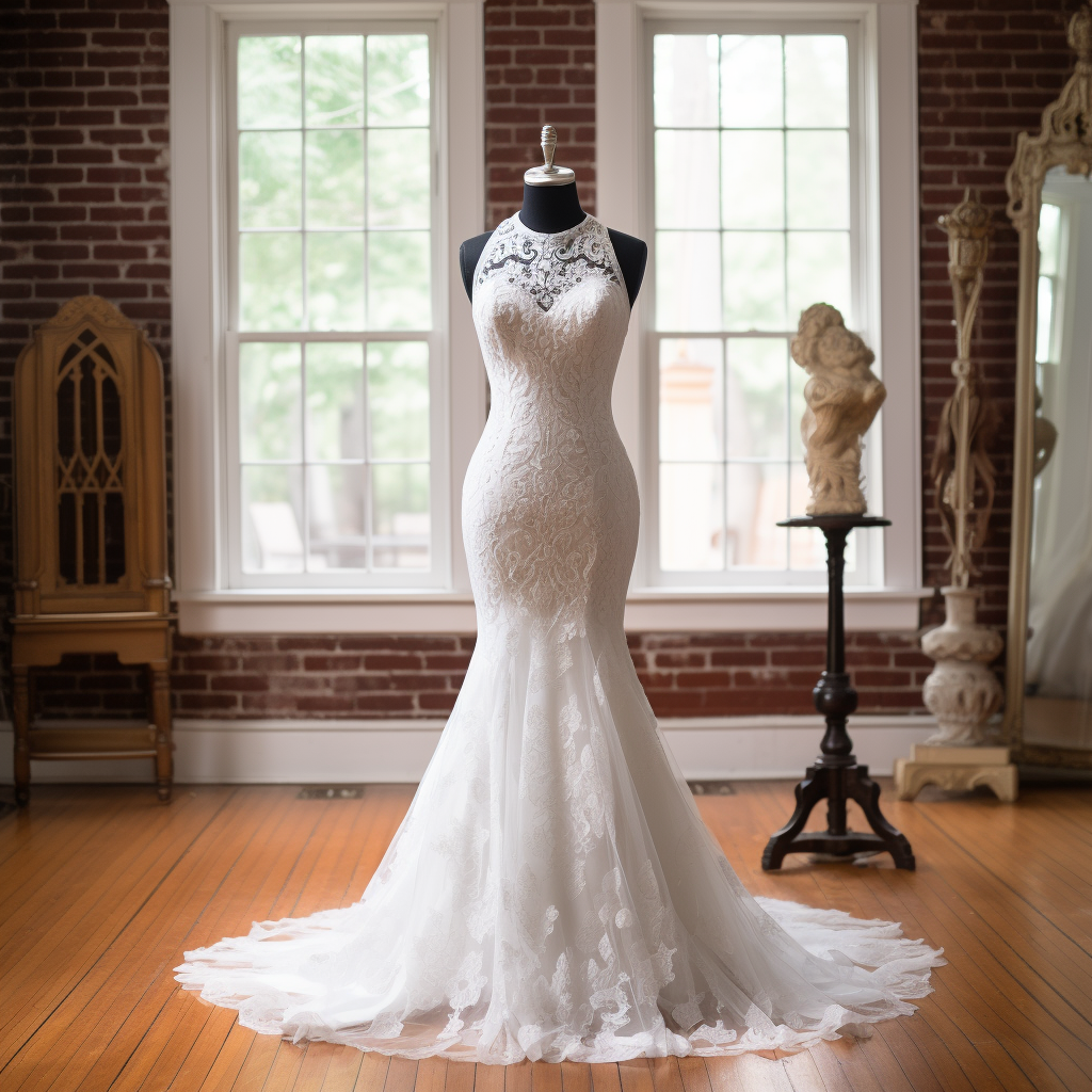 A fit and flare wedding dress with a sweetheart neckline and a lacy overlay that gives the effect of a halter neck, and a floral tulle skirt