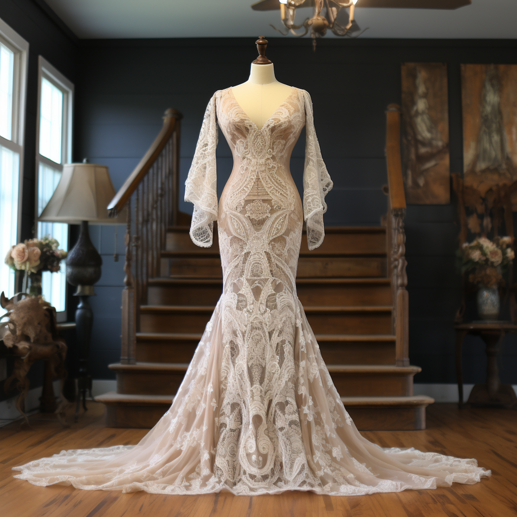 A lacy fit and flare wedding dress with long, lacy sleeves and a v-neck