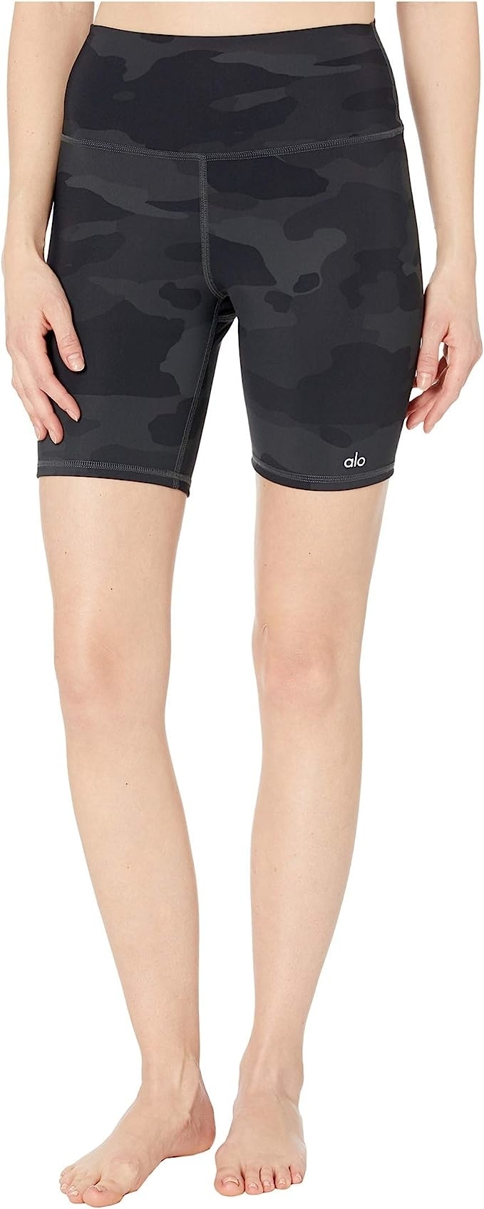 model wearing black camo print biker shorts