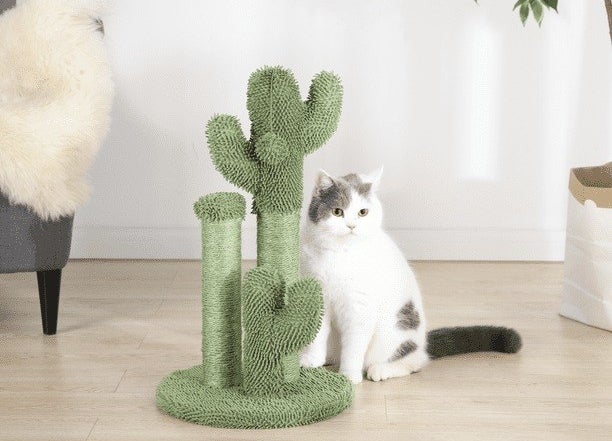 A cat with a cactus toy
