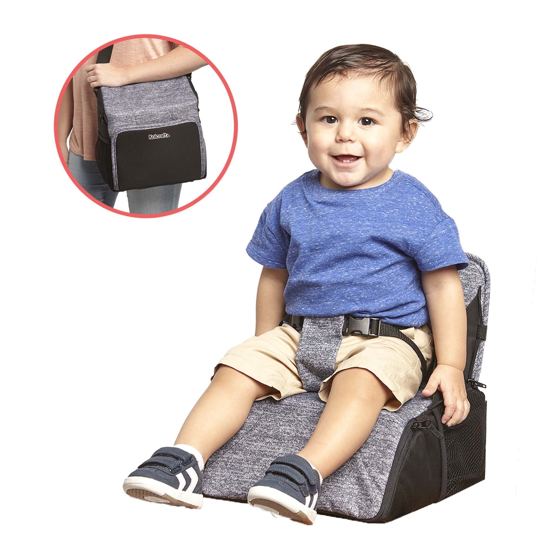 A child sitting and strapped into the booster seat along with a side photo of a person wearing it as a diaper bag.