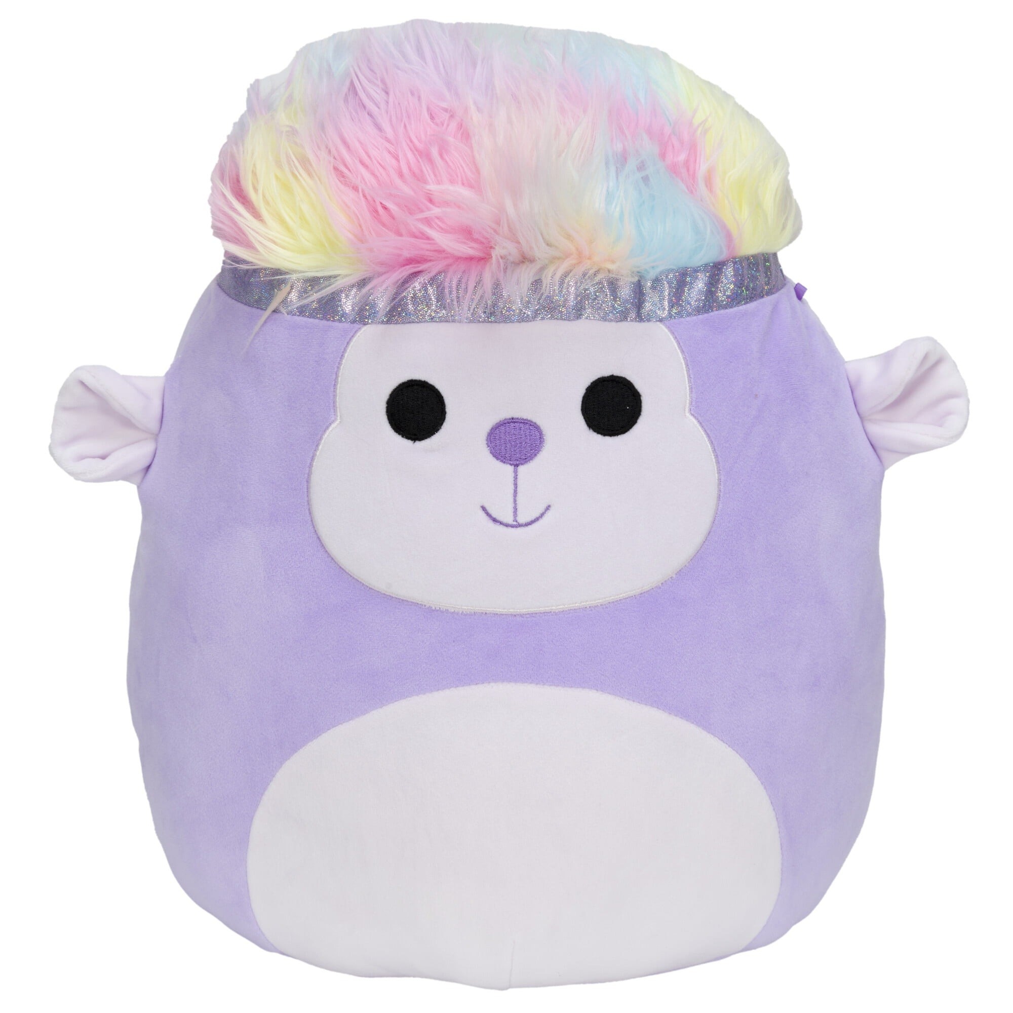 A purple monkey Squishmallow with multi-colored fluffy hair.