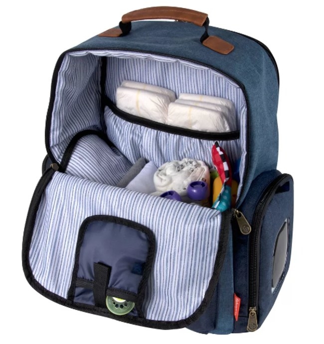 A highly organized bag for diapers, wipes, and a changing pad