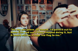 A woman puts her hand up in frustration during an argument with her partner