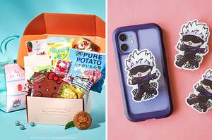 Hello Kitty themed snack box; JJK themed phone holder