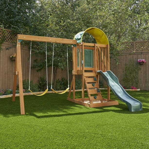 the playset in a backyard