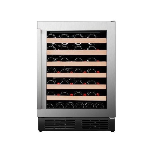 wine fridge with six shelves filled with wine