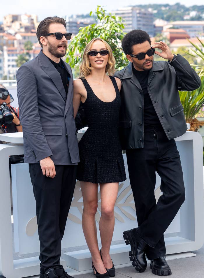 The Idol director Sam Levinson, Lily-Rose Depp, and Abel &quot;The Weeknd&quot; Tesfaye in Cannes, France