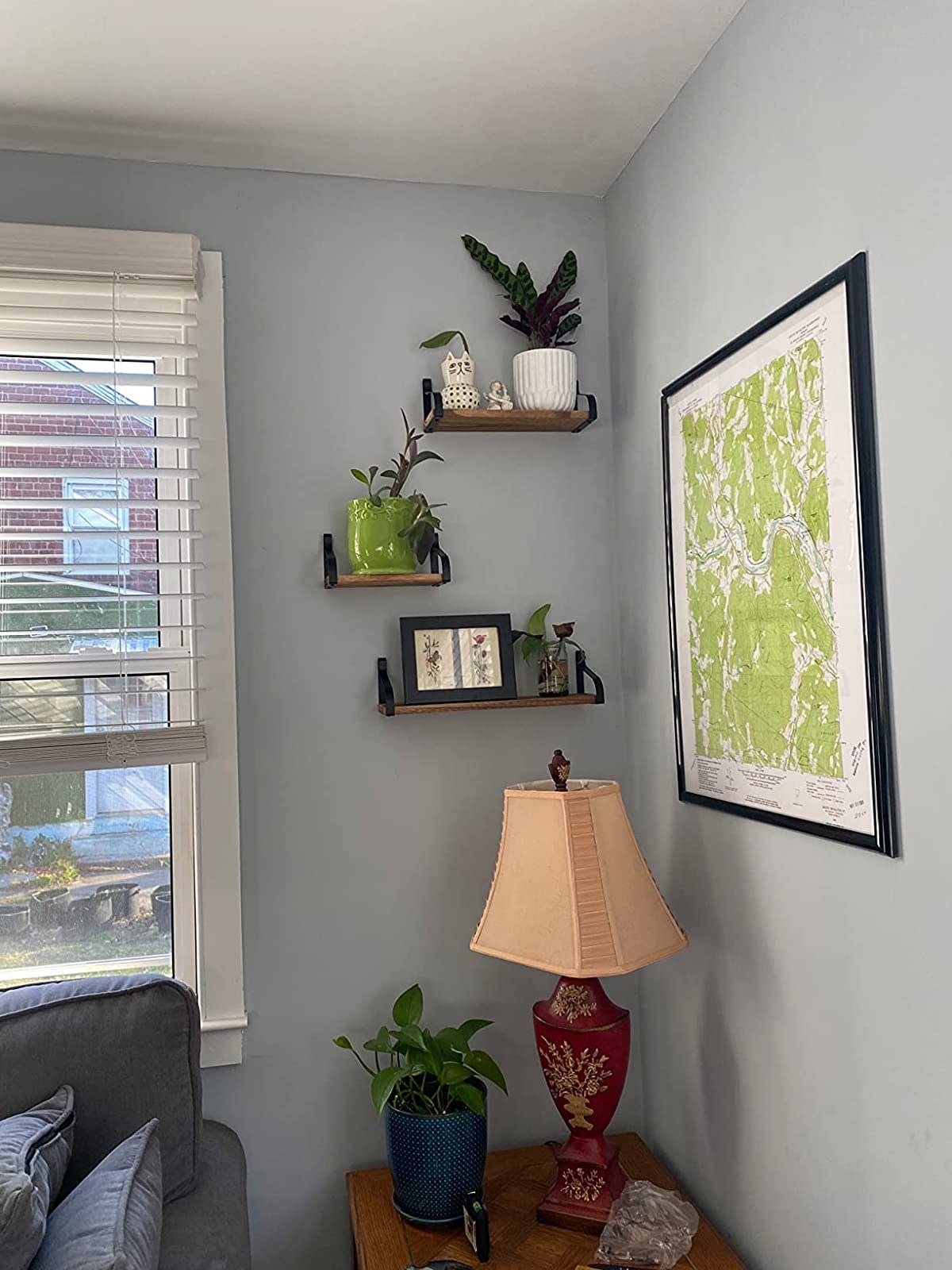 Reviewer&#x27;s wall shelves in corner of living room  with plants, pictures, and decor