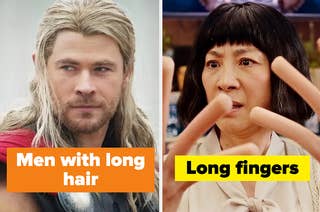 chris hemsworth as thor with long hair and michelle yeoh with hotdog fingers in everything everywhere