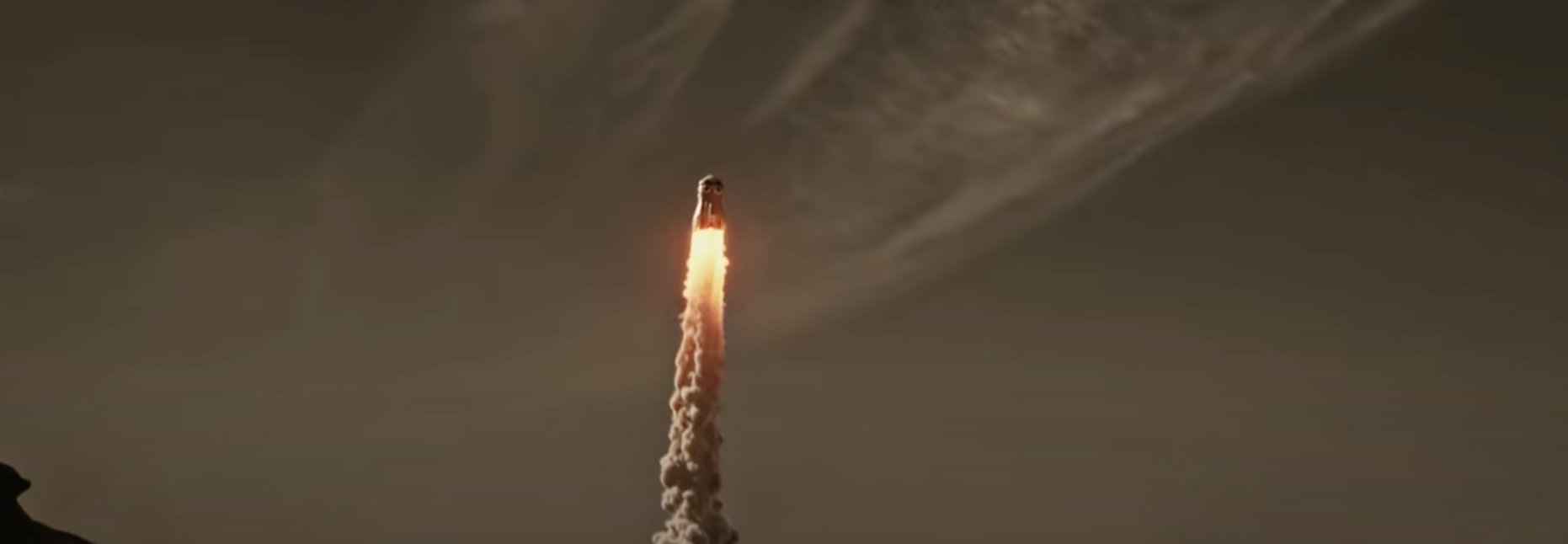 A spaceship shoots up into the atmosphere on Mars