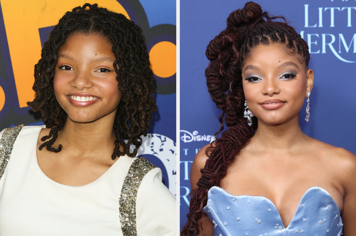 Side-by-side of Halle Bailey then vs. now