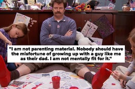 Ron Swanson in a very messy office with his two stepdaughters