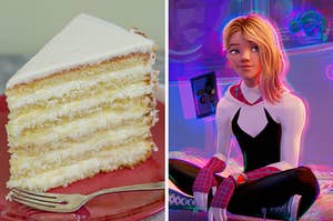 On the left, a slice of coconut layer cake, and on the right, Gwen Stacy sitting on a bed in Spider-Man Across the Spider-Verse