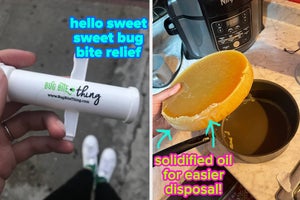 BuzzFeed editor Rebecca O'Connell holding the Bug Bite Thing and reviewer holding solidified oil