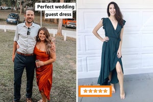 reviewer posing in black maxi dress with slit and another reviewer posing in white tiered dress