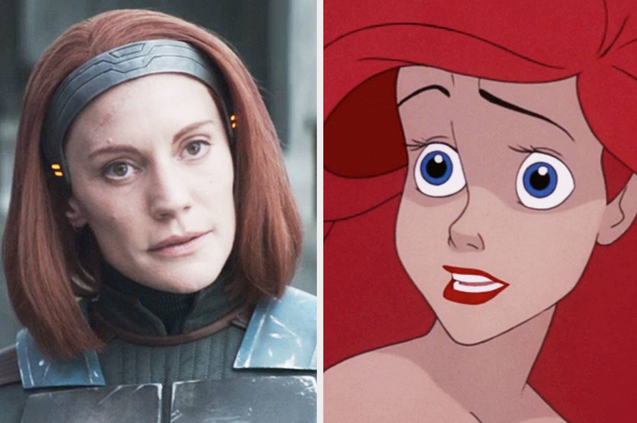 Katee Sackhoff as Bo-Katan in The Mandalorian and Ariel from The Little Mermaid