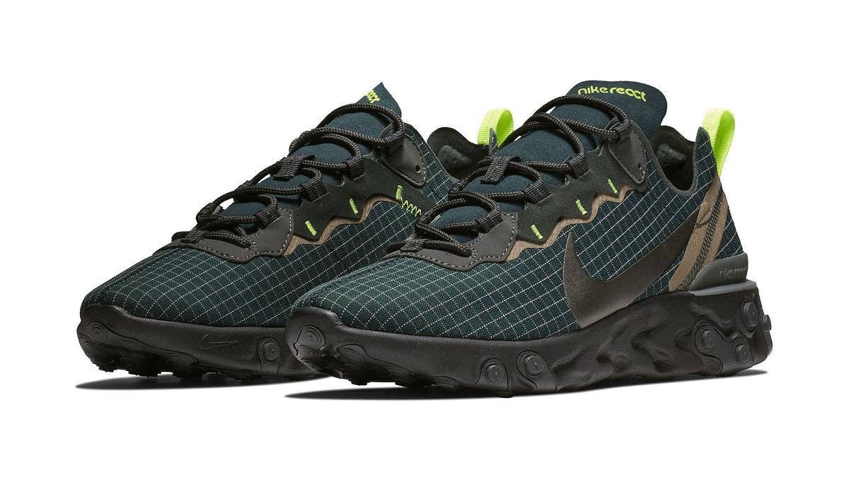 Nike's React line gets bigger with two new pairs of the React Element 55 in 'Dark Green' and 'Orange/Silver' colorways featuring all-over grid patterns. 