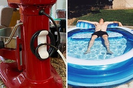 on left: a cord organizer behind a red mixer in a kitchen. on right: reviewer lounging in inflatable pool with built-in seat