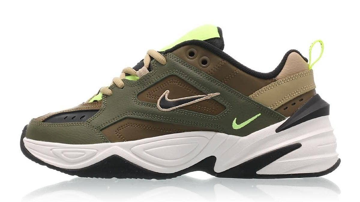 The Nike M2K Tekno is a women's exclusive sneaker that features a new 'Olive' colorway that also includes hits of 'Yukon Brown' and 'Volt' for the Fall. 