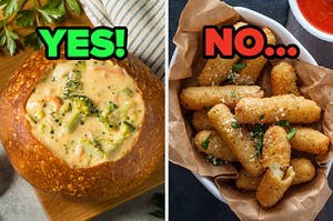 On the left, broccoli cheddar soup in a bread bowl labeled yes, and on the right, some mozzarella sticks labeled no