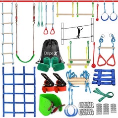 Complete ninja obstacle course with all it's colorful parts laid out