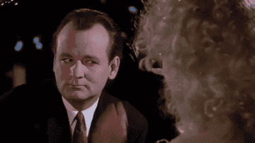Bill Murray in &quot;Scrooged&quot; blocking his eyes getting poked