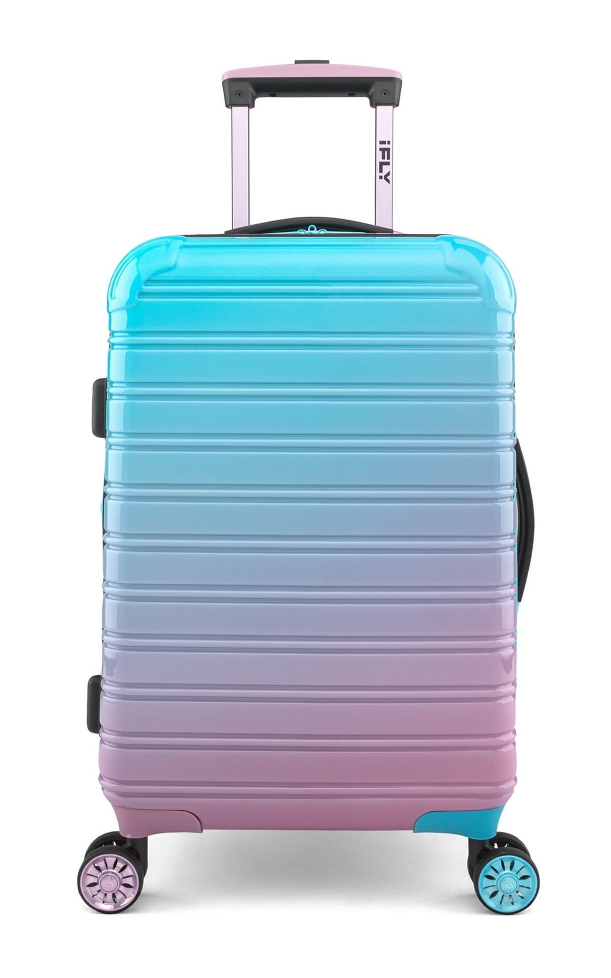 pink and blue ombre carry-on suitcase with wheels