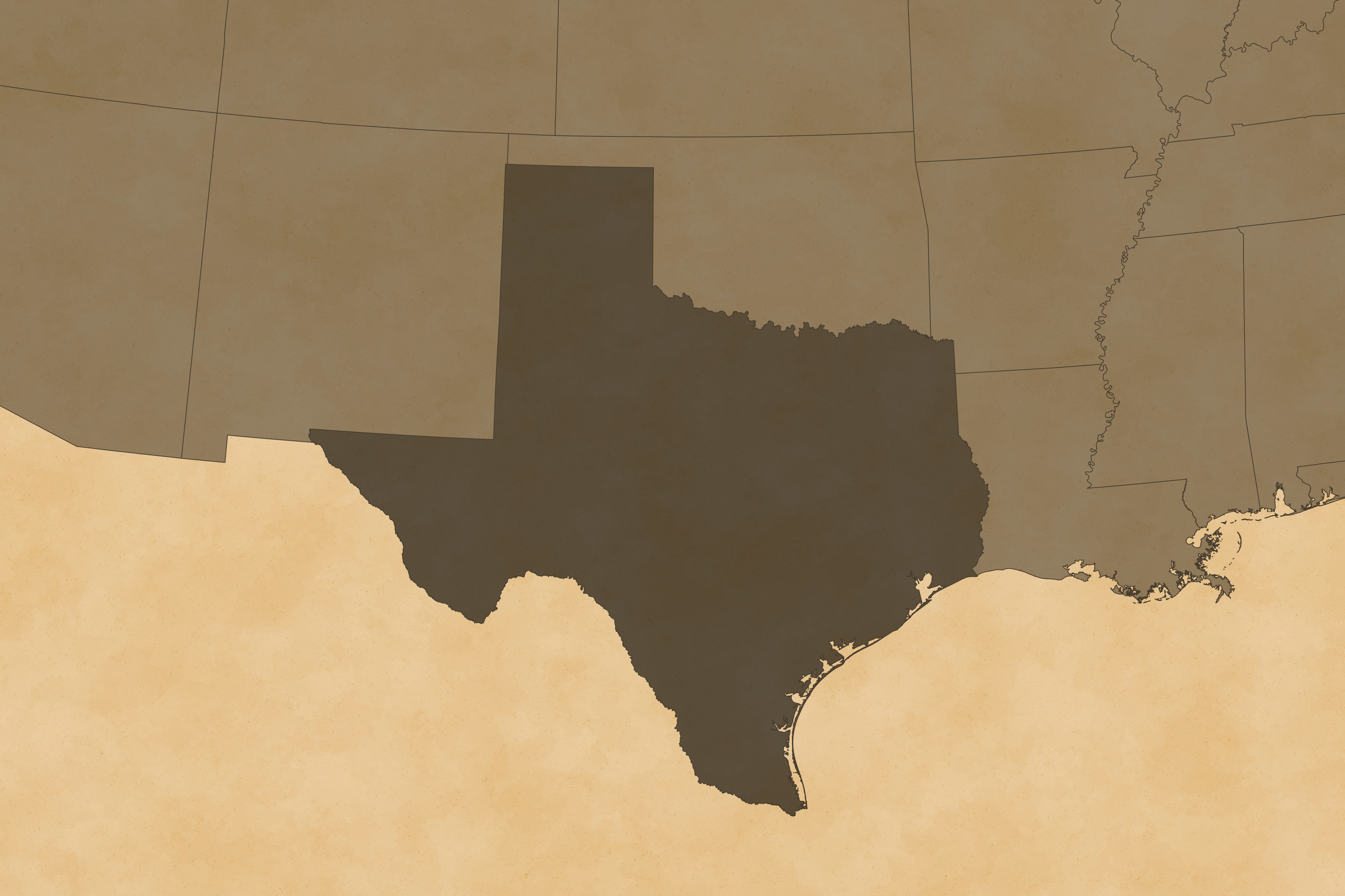 A closeup of Texas on the map
