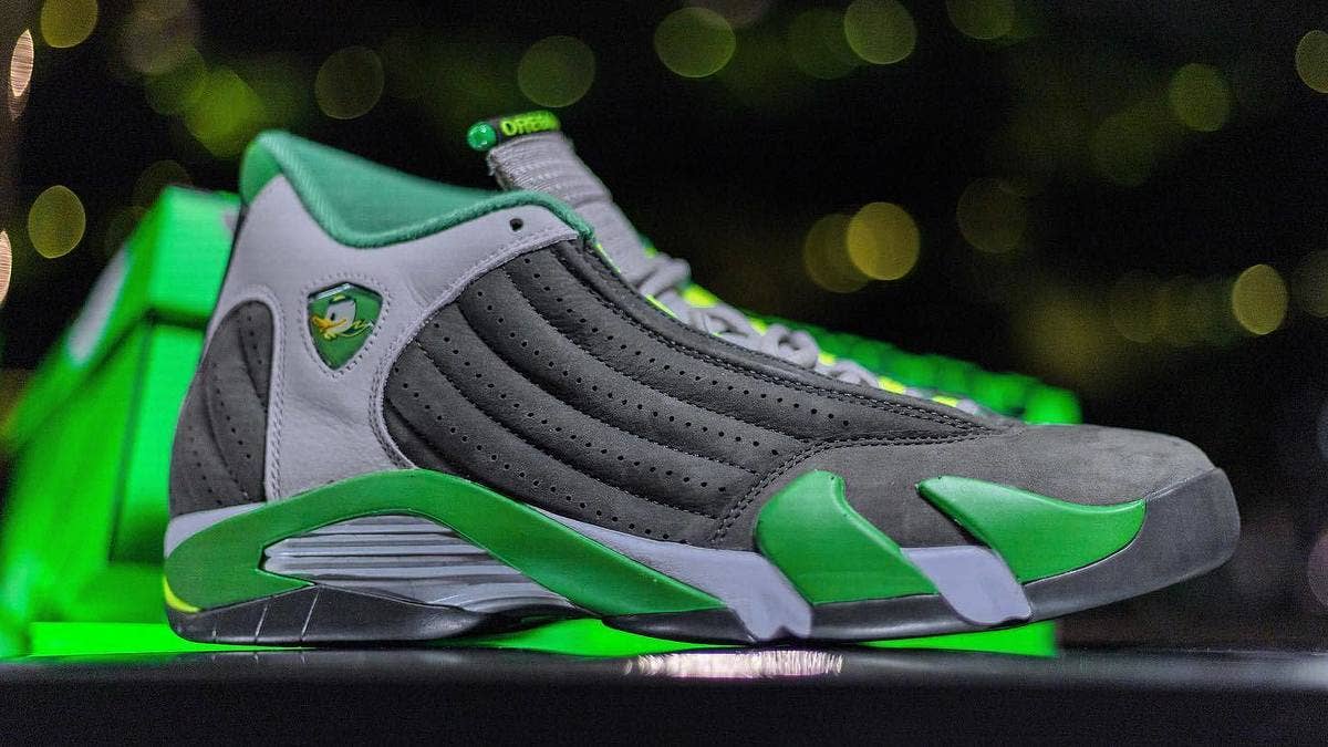 Jordan Brand is giving the University of Oregon football team another player exclusive Air Jordan 14 colorway. Click here for a closer look at the shoe.