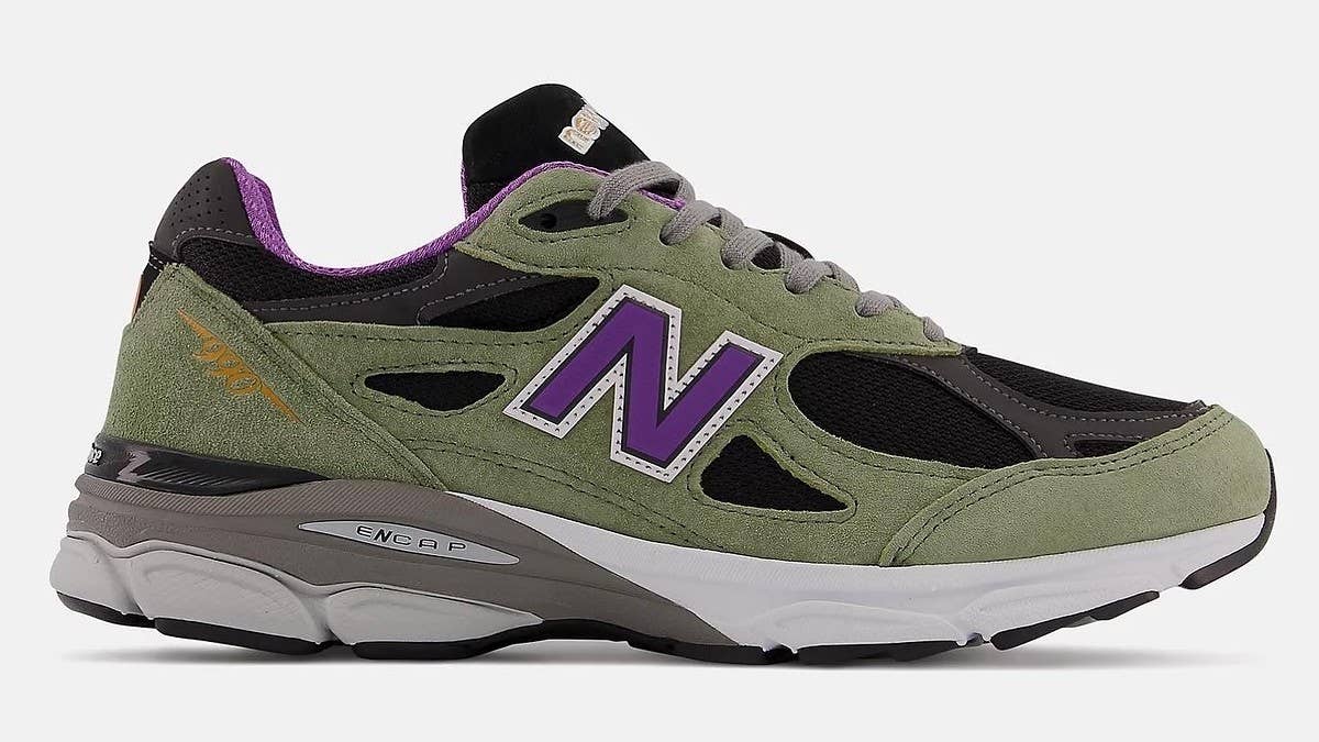 The 'Olive Leaf' New Balance 990v3 sees the archive runner styled in fall-appropriate tones such as olive green, black, and bright purple. Releasing Sep. 9.