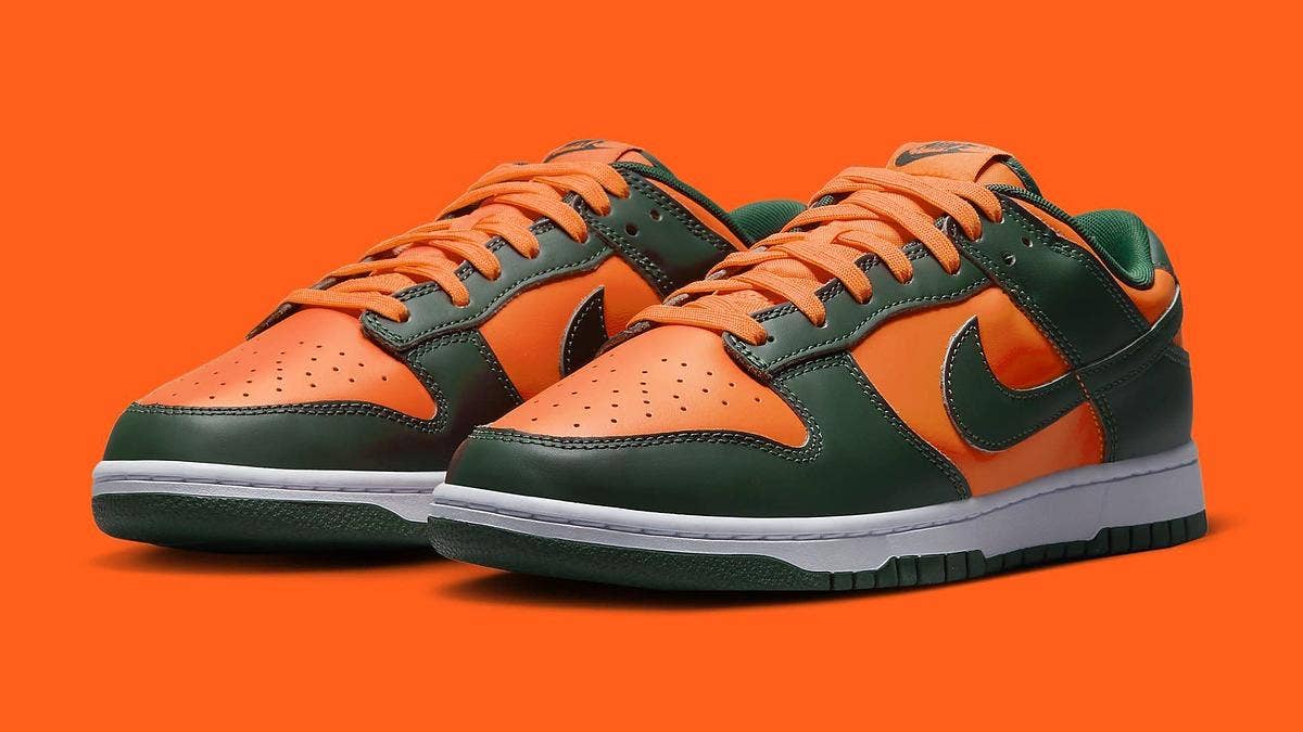 A Miami Hurricanes-inspired colorway of the ever-popular Nike Dunk Low could be releasing soon after images of the shoe surfaced. Click here to learn more.