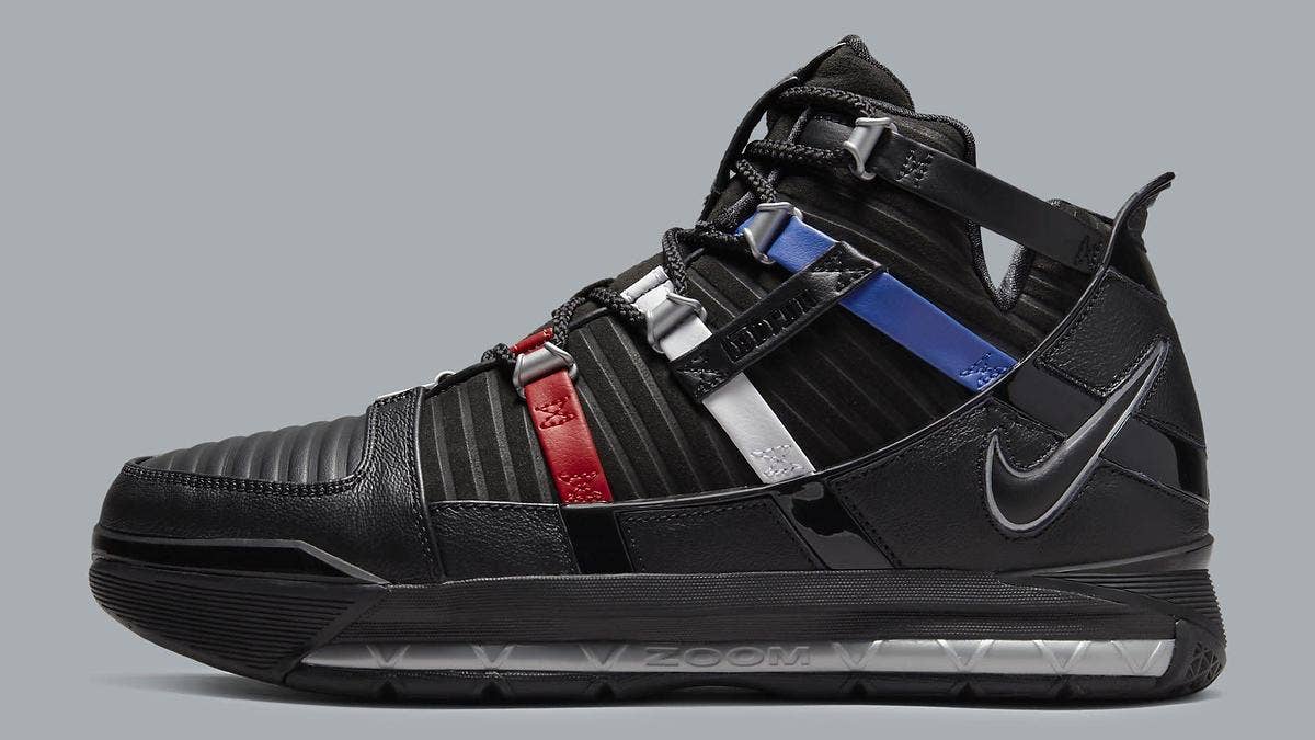 The Nike Zoom LeBron 3 returns in an all-new retro colorway featuring patriotic red, white, and blue accents, along with a nod to LeBron James' three children.