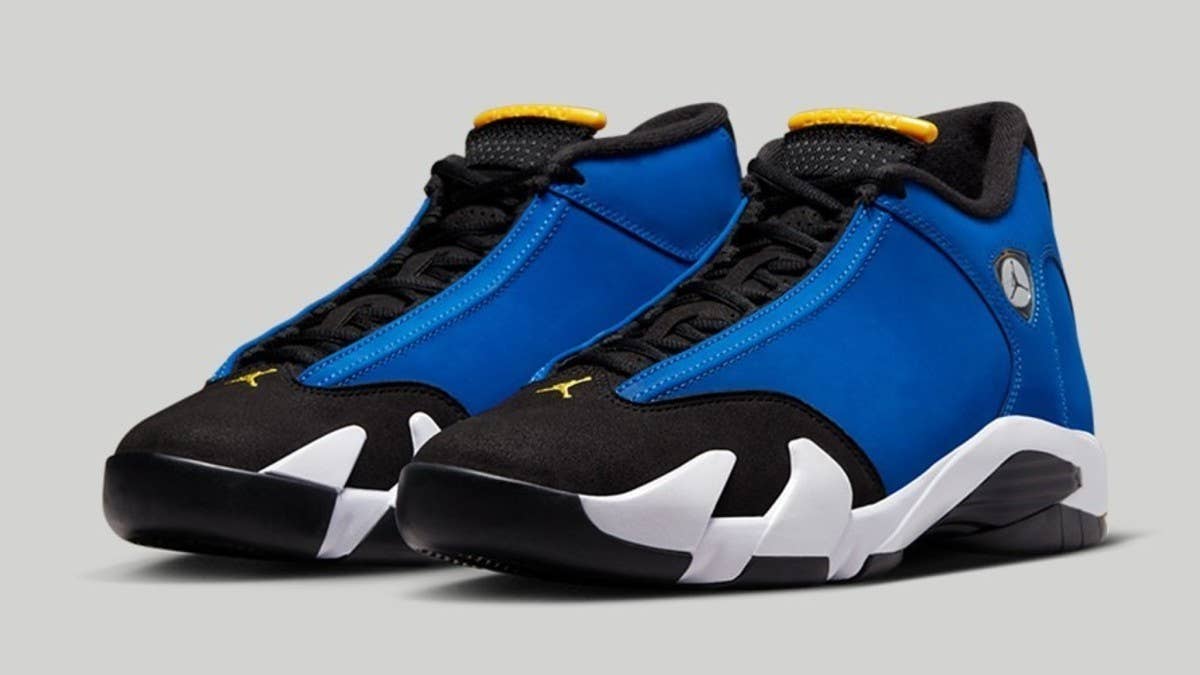Inspired by Michael Jordan's time at Wilmington's Laney High School, the 'Laney' Air Jordan 14 features the Pirates' school colorway of royal blue and yellow.