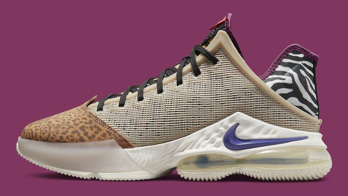 The 'Safari' Nike LeBron 19 Low plays on LeBron James' 'King of the Jungle' persona and features a variety of exotic animal prints and textures. Click for more.