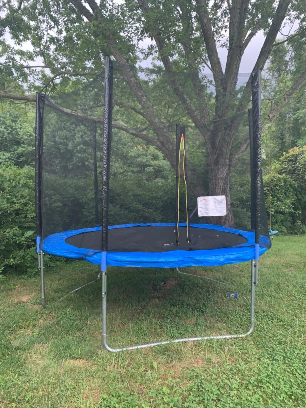 Reviewer's photo of blue and black trampoline in backyard