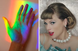 On the left, a rainbow reflecting onto someone's hand, and on the right, Taylor Swift in the Karma music video