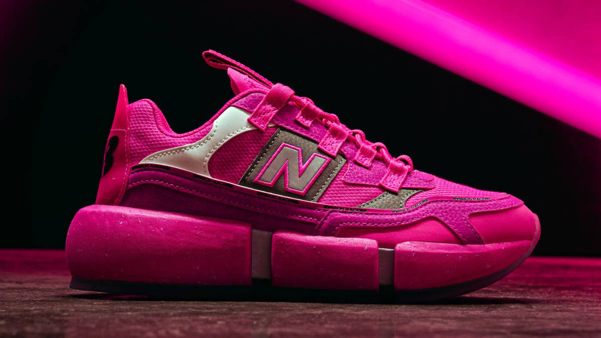 The Jaden Smith-designed New Balance Vision Racer sneaker is releasing in a new pink colorway in May 2021. Here are the official release details.
