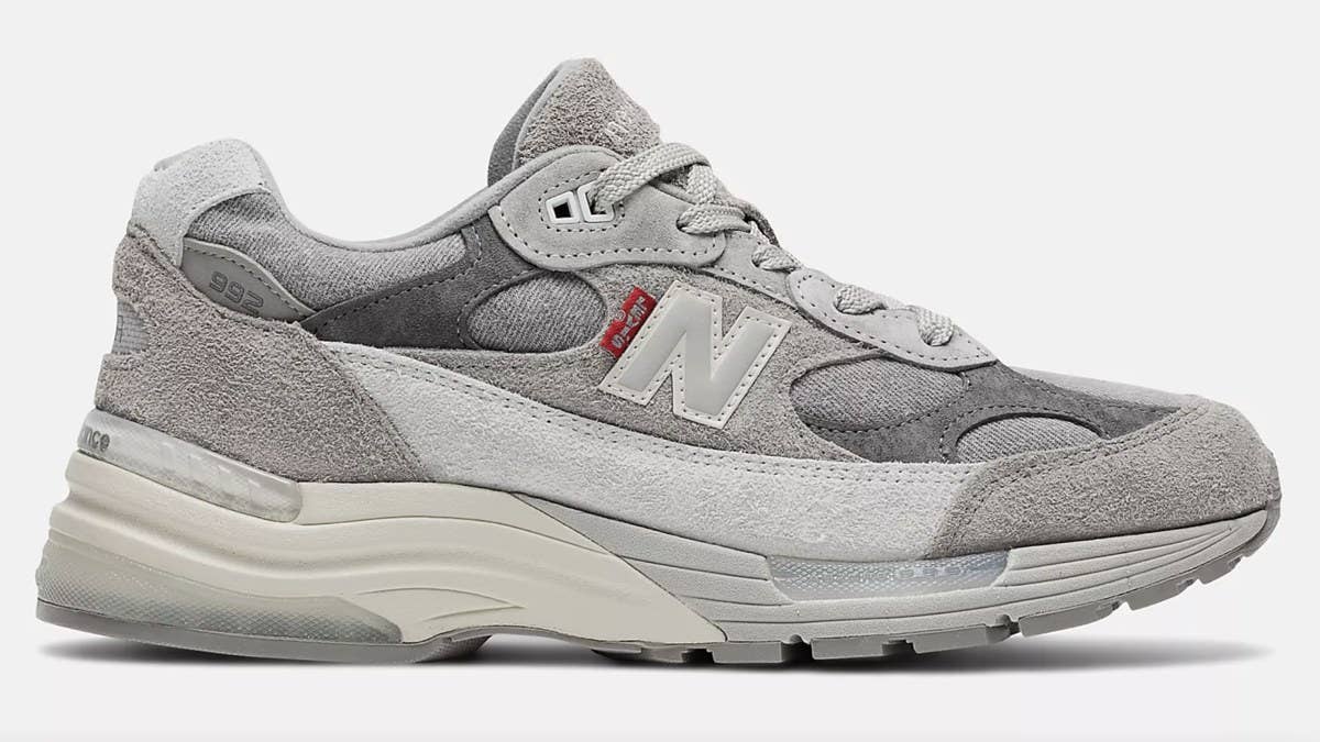 Levi's applies grey vintage wash denim on the upper of its latest New Balance 992 collab, which drops in August 2021. Here's how you can buy a pair. 