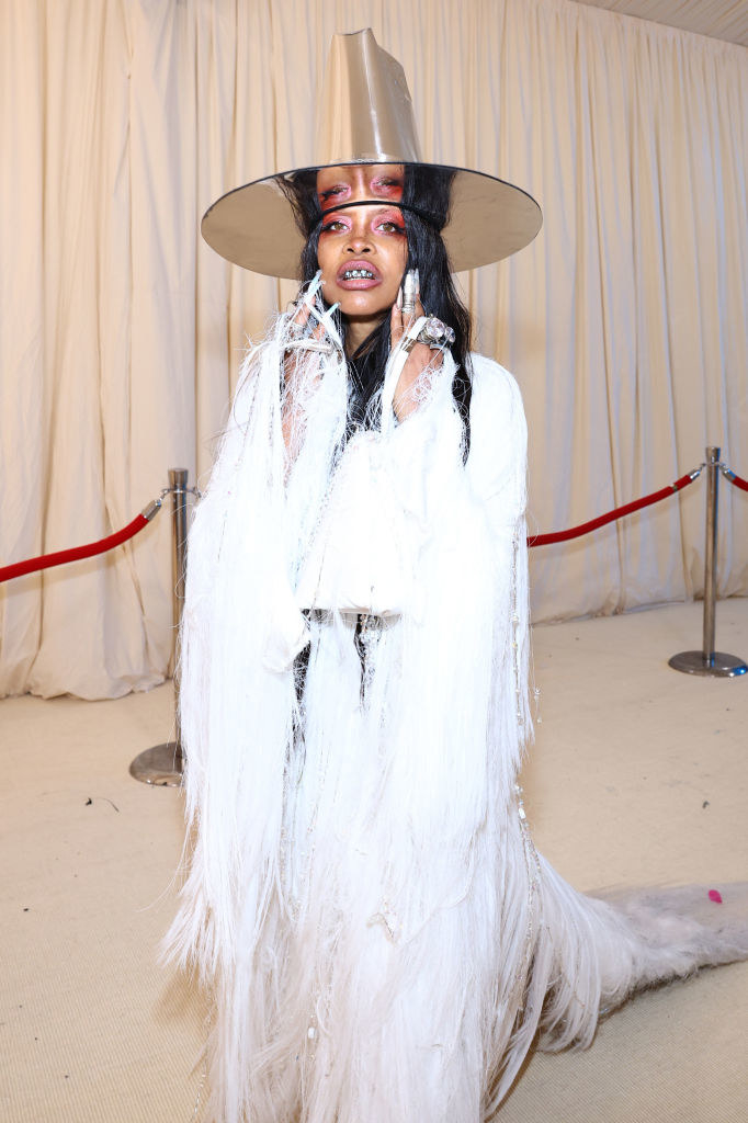 Erykah in a high reflective hat and feathery outfit