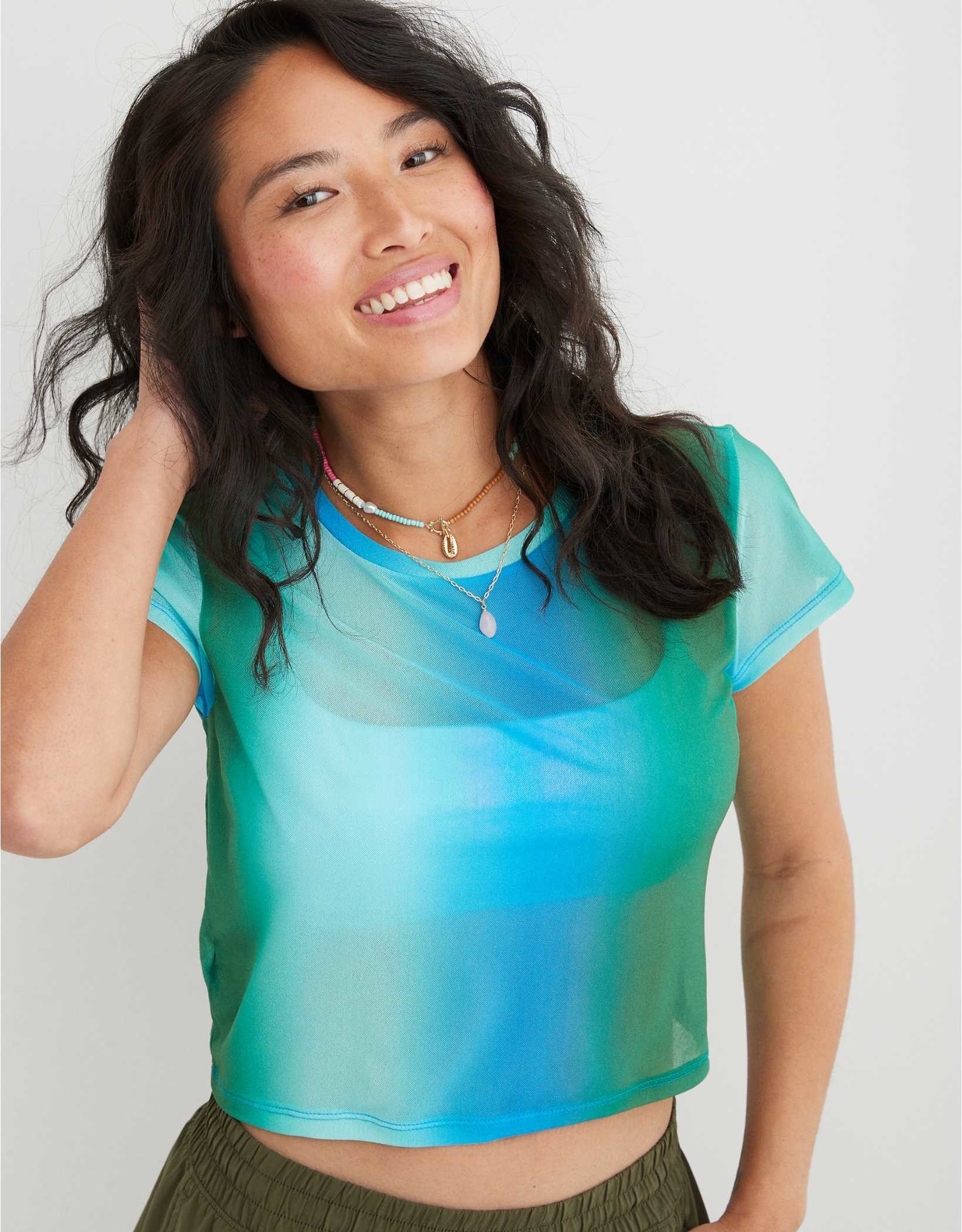 blue and mint ombre micro mesh cropped tee