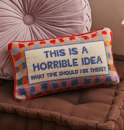 needlepoint pillow with text &quot;this is a horrible idea what time should I be there&quot; stitched into it.